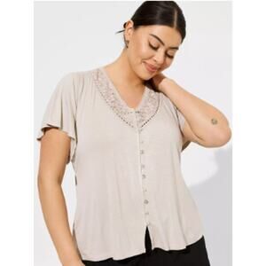 Torrid 4 Women 26W 4x Chateau Gray/ Beige Knit V-neck Lace Insert Button Tee